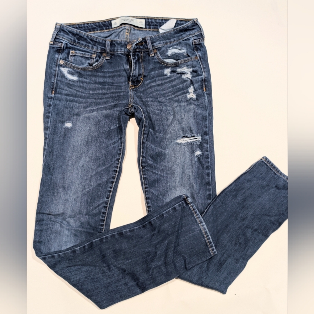 Abercrombie & Fitch Women's Distressed Slim Straight Dark Blue Jeans - Picture 2 of 4